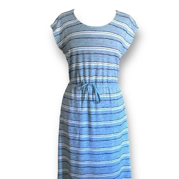 T by Talbots Womens Dress Sz Small Blue Stripe Drawstring Tie Waist Midi Preppy - Picture 4 of 10